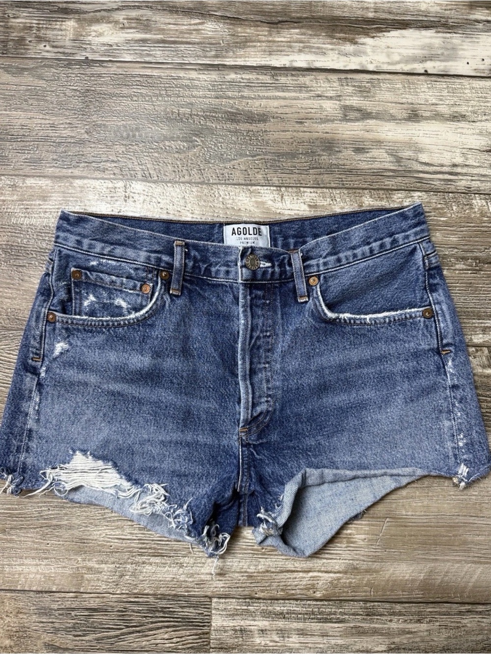 Agolde Distressed Dark Blue Denim Cutoff Shorts Size 27